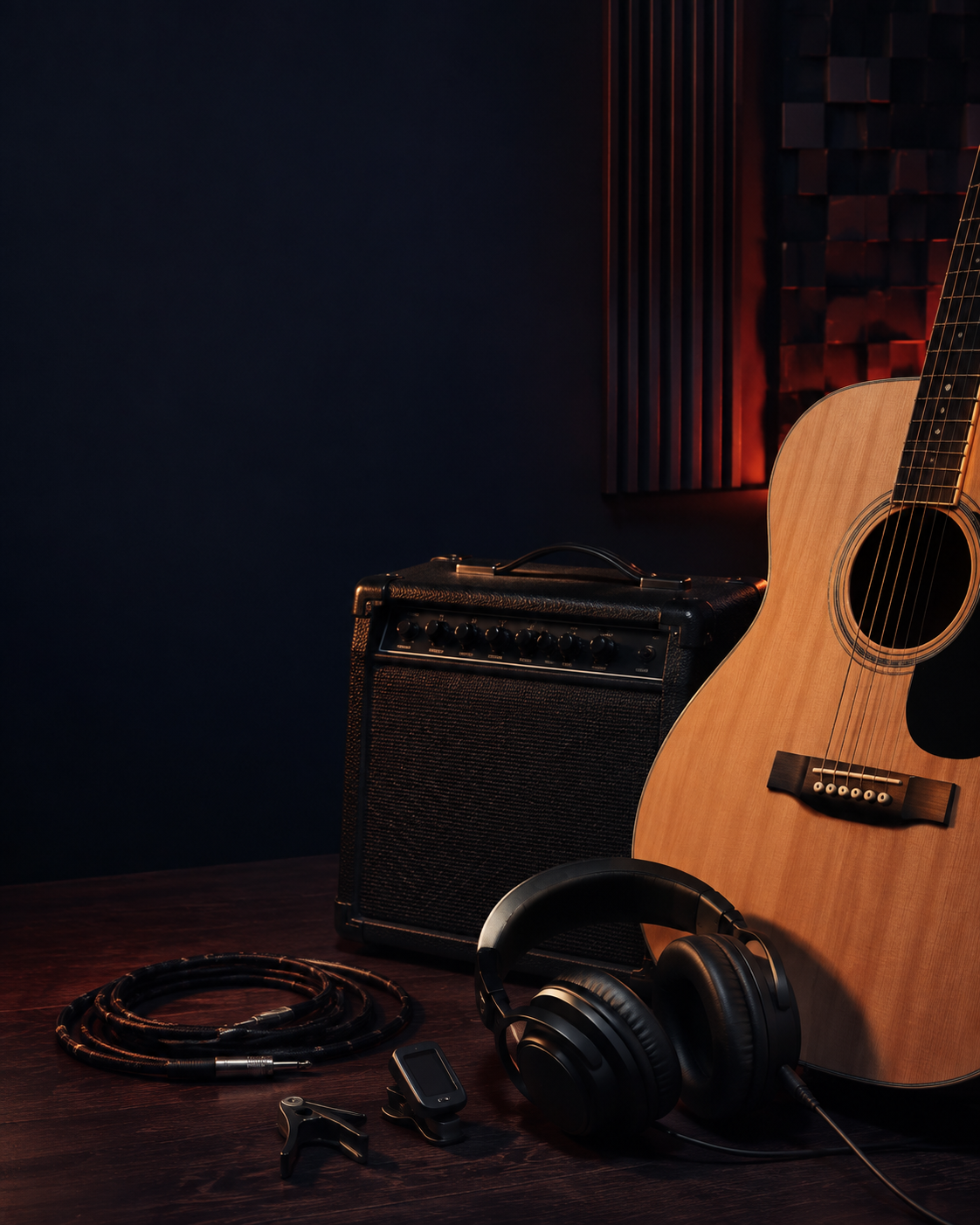 Gitar, amfi, kulaklık ve ders ekipmanları