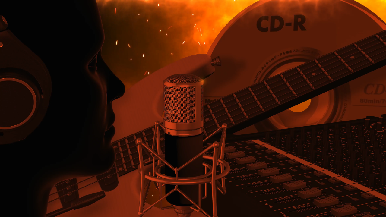 Gitar ve kayıt ekipmanlarıyla turuncu ışıklı müzik stüdyosu